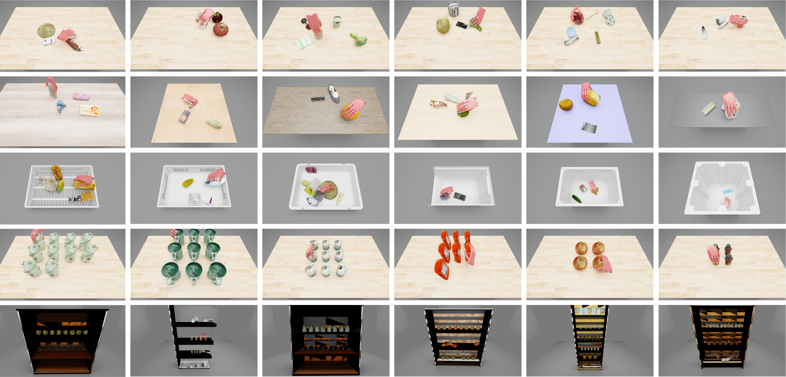 OmniDex qualitative results across five cluttered-scene regimes
